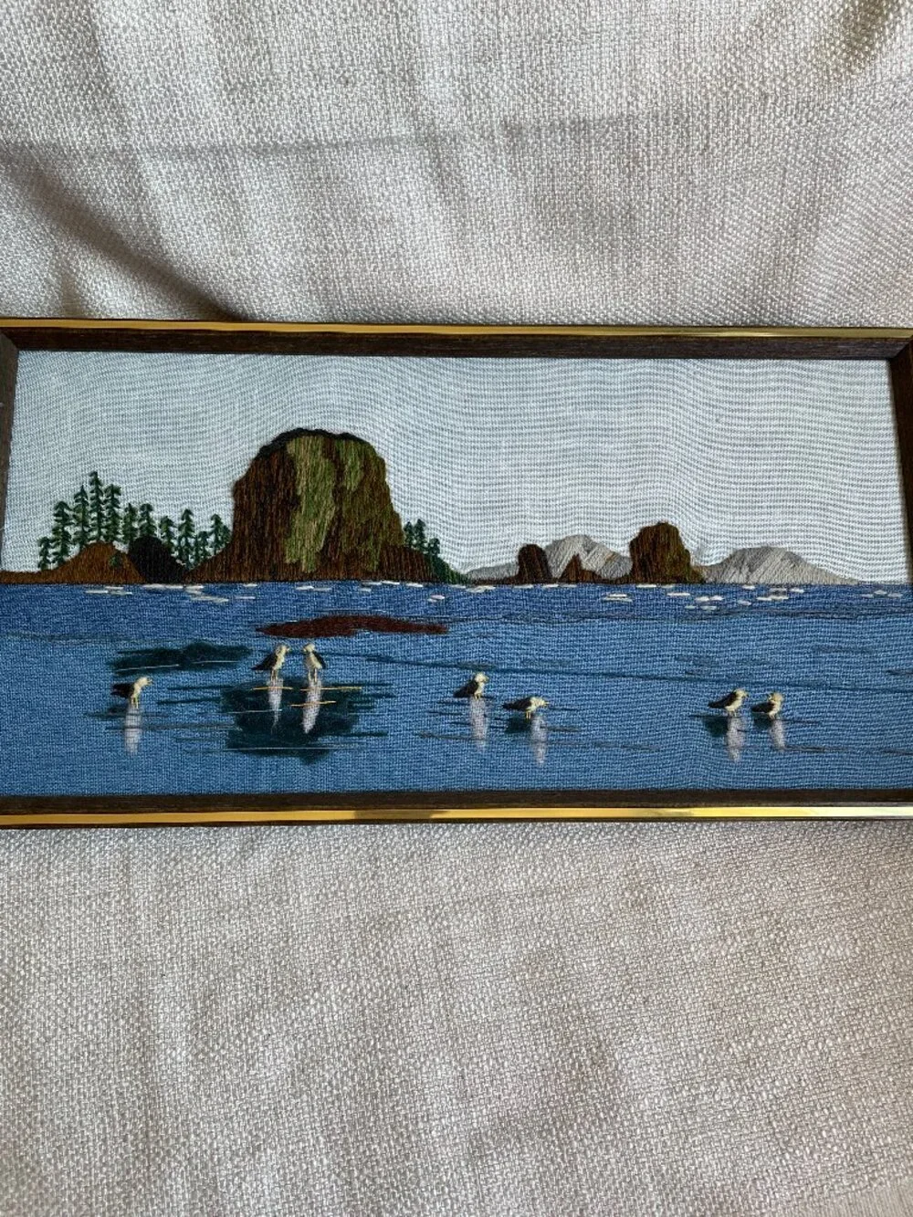 Vintage Wool Embroidered Ocean Mountains Landscape Scene Studio Framed Wall Art